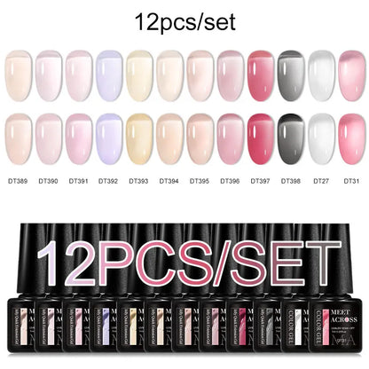 MEET ACROSS 12PCS/Set Pink Glitter Gel Nail Polish Macaron Blue Semi Permanent Nail Art Gel Varnish Spring Summer Manicure Kits