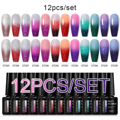 MEET ACROSS 12PCS/Set Pink Glitter Gel Nail Polish Macaron Blue Semi Permanent Nail Art Gel Varnish Spring Summer Manicure Kits