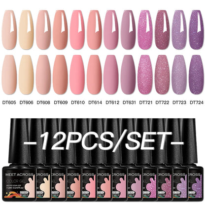 MEET ACROSS 12PCS/Set Pink Glitter Gel Nail Polish Macaron Blue Semi Permanent Nail Art Gel Varnish Spring Summer Manicure Kits