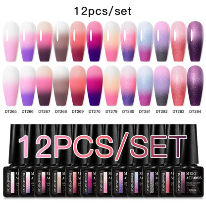MEET ACROSS 12PCS/Set Pink Glitter Gel Nail Polish Macaron Blue Semi Permanent Nail Art Gel Varnish Spring Summer Manicure Kits