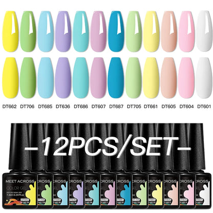 MEET ACROSS 12PCS/Set Pink Glitter Gel Nail Polish Macaron Blue Semi Permanent Nail Art Gel Varnish Spring Summer Manicure Kits