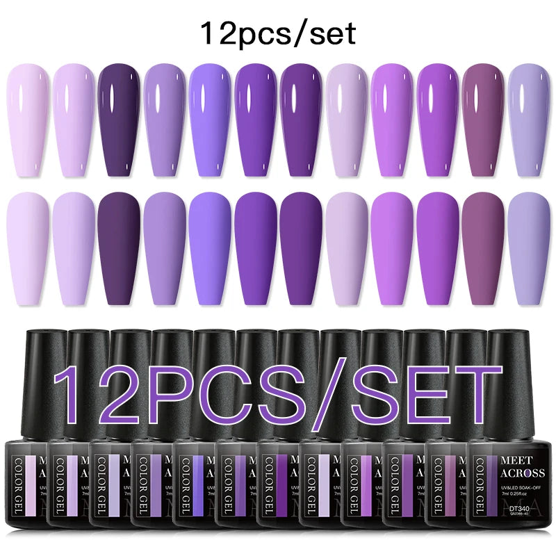 MEET ACROSS 12PCS/Set Pink Glitter Gel Nail Polish Macaron Blue Semi Permanent Nail Art Gel Varnish Spring Summer Manicure Kits