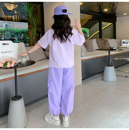 Summer Teen Girls Clothing Sets Children Fashion Korean Style Letter Tops + Pants 2Pcs Outfits Kids Tracksuit 5 6 8 10 12 14 Yrs