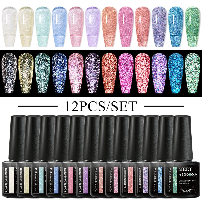 MEET ACROSS 12PCS/Set Pink Glitter Gel Nail Polish Macaron Blue Semi Permanent Nail Art Gel Varnish Spring Summer Manicure Kits