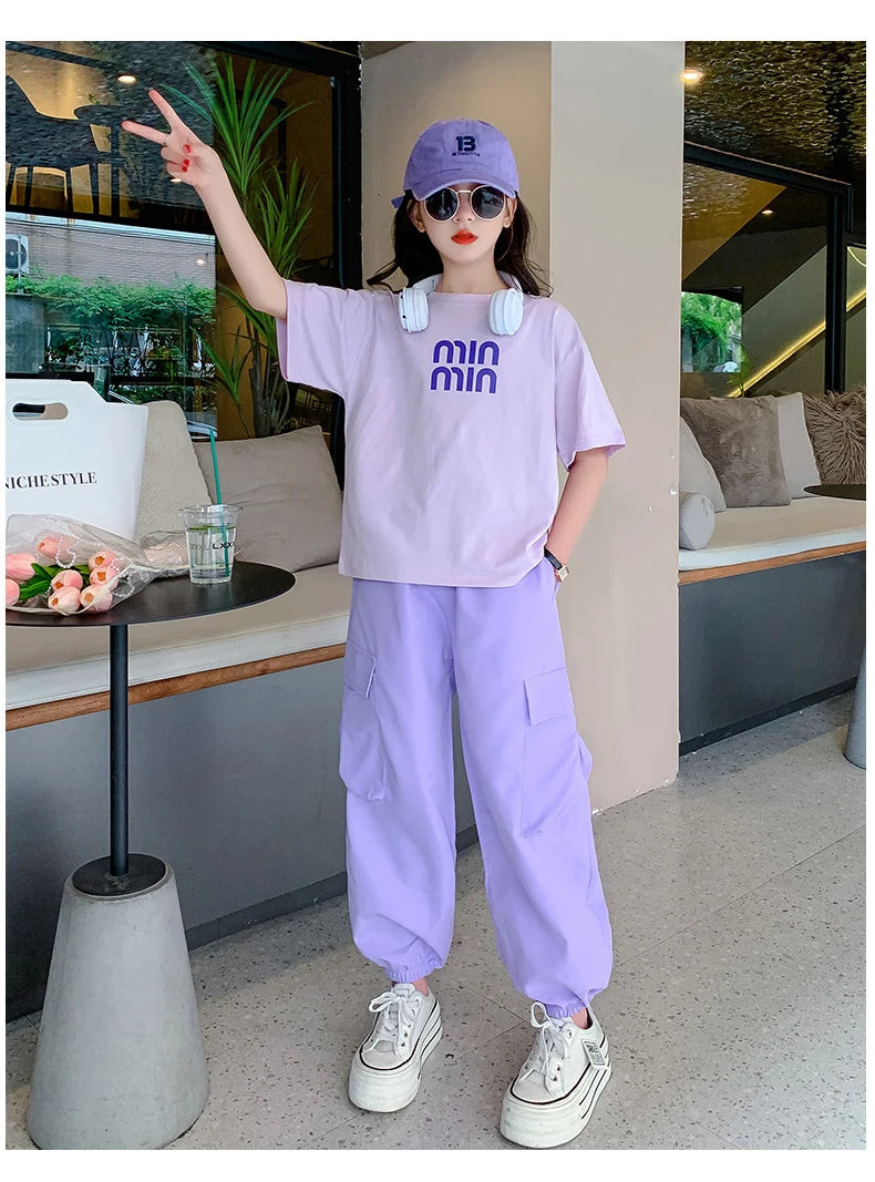Summer Teen Girls Clothing Sets Children Fashion Korean Style Letter Tops + Pants 2Pcs Outfits Kids Tracksuit 5 6 8 10 12 14 Yrs