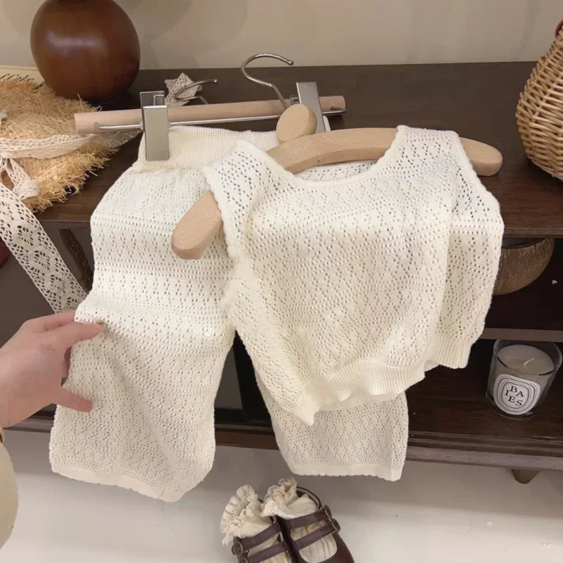 Girl's Clothing Sets 2024 Summer Korean Thin Knitted Girl Set Children Hollow Breathable Vest + Wide Leg Pants Two-piece Suit
