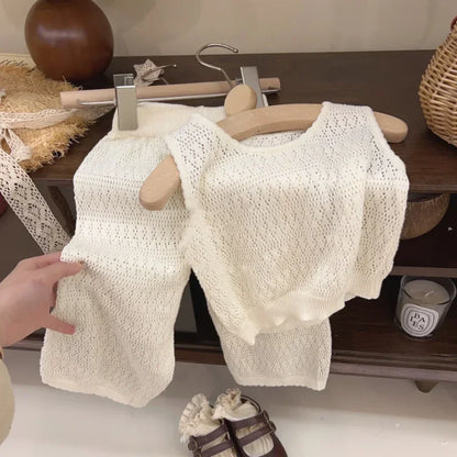 Girl's Clothing Sets 2024 Summer Korean Thin Knitted Girl Set Children Hollow Breathable Vest + Wide Leg Pants Two-piece Suit