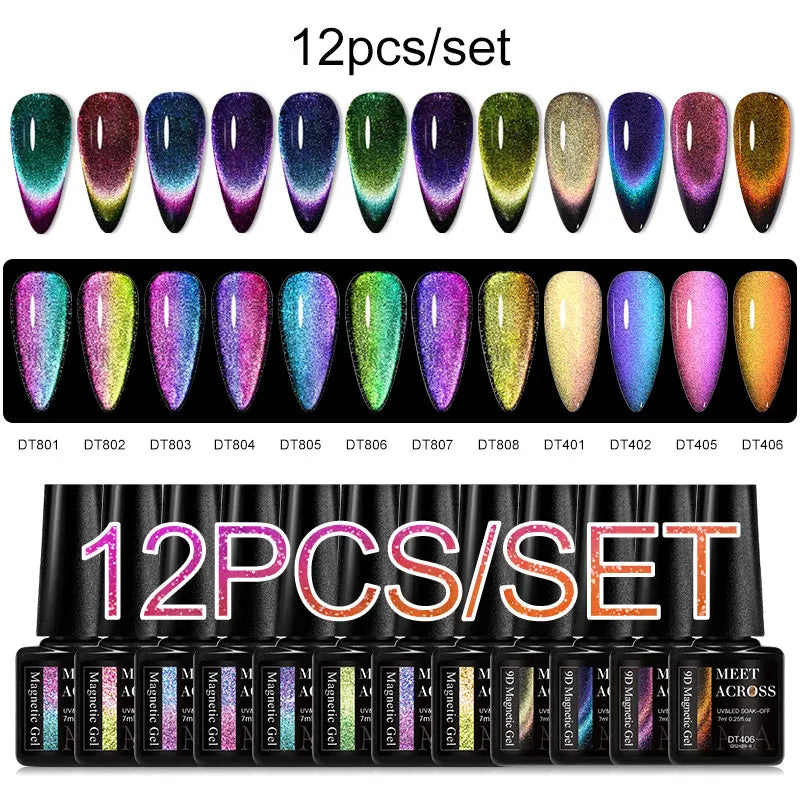 MEET ACROSS 12PCS/Set Pink Glitter Gel Nail Polish Macaron Blue Semi Permanent Nail Art Gel Varnish Spring Summer Manicure Kits