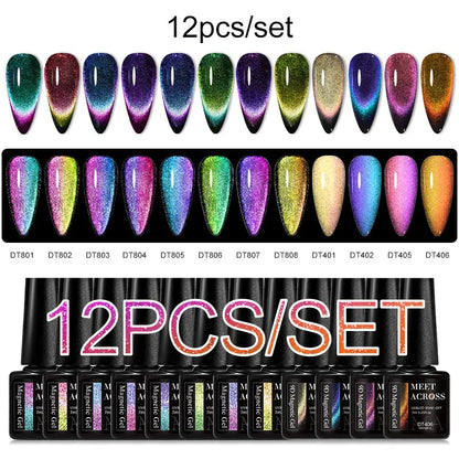 MEET ACROSS 12PCS/Set Pink Glitter Gel Nail Polish Macaron Blue Semi Permanent Nail Art Gel Varnish Spring Summer Manicure Kits