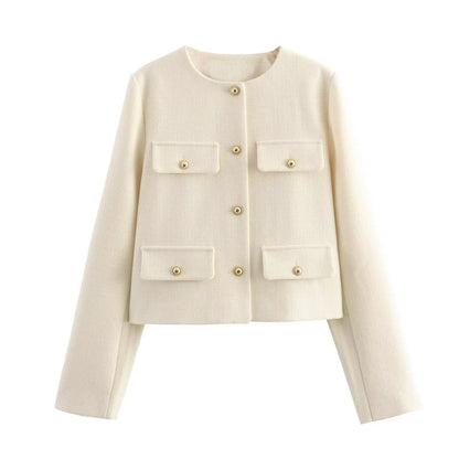 UNIZERA Winter New Product Women's Fashion and Casual Versatile Round Neck Flip Decoration Short Suit Coat