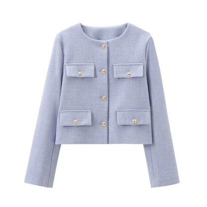 UNIZERA Winter New Product Women's Fashion and Casual Versatile Round Neck Flip Decoration Short Suit Coat