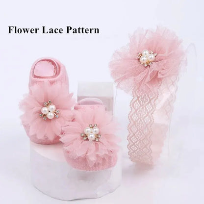 Cute Pearl Bows Baby Headband Socks Set Non Slip Cotton Sock Lace Flower Newborn Hair Band Turban Girl Hair Accessories