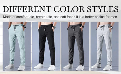 Men Fast Dry Stretch Pants Ice Silk Trousers Solid Color Mid-Waist Loose Breathable Straight-Leg Casual Pants Thin Sports Pants