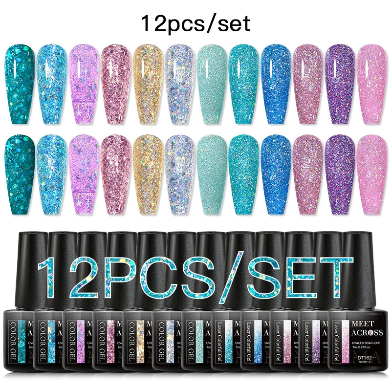 MEET ACROSS 12PCS/Set Pink Glitter Gel Nail Polish Macaron Blue Semi Permanent Nail Art Gel Varnish Spring Summer Manicure Kits