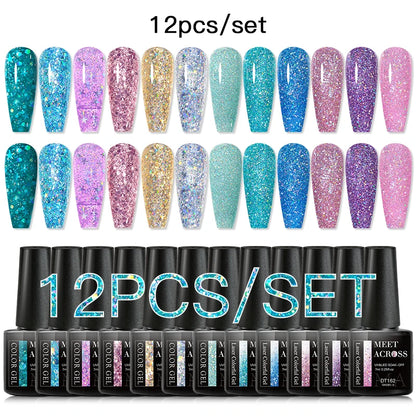 MEET ACROSS 12PCS/Set Pink Glitter Gel Nail Polish Macaron Blue Semi Permanent Nail Art Gel Varnish Spring Summer Manicure Kits