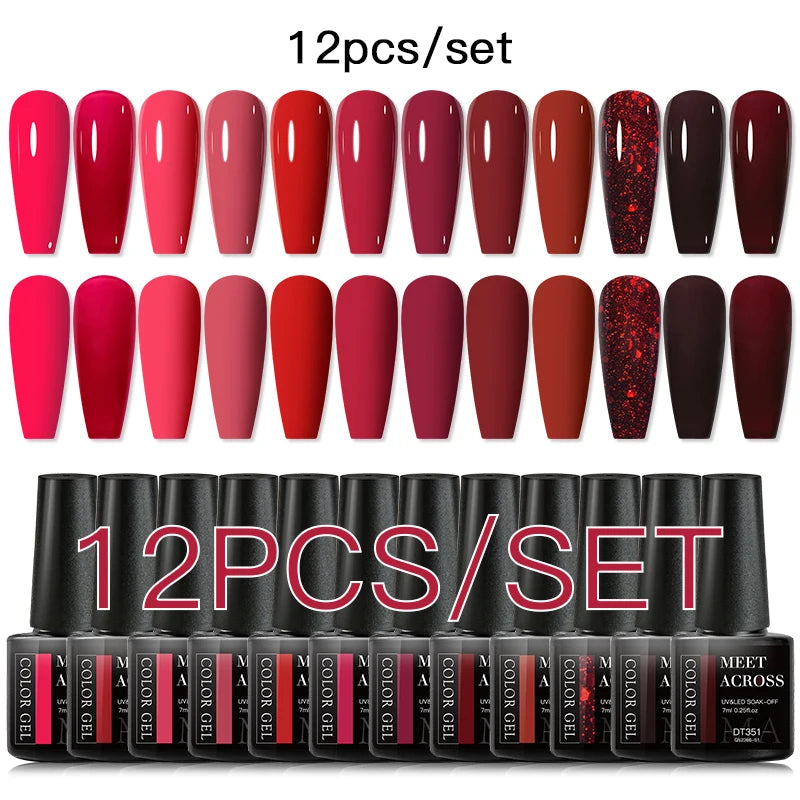 MEET ACROSS 12PCS/Set Pink Glitter Gel Nail Polish Macaron Blue Semi Permanent Nail Art Gel Varnish Spring Summer Manicure Kits