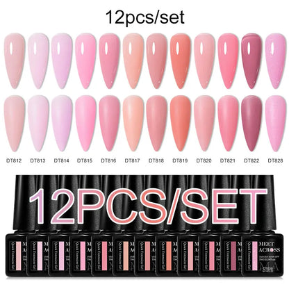MEET ACROSS 12PCS/Set Pink Glitter Gel Nail Polish Macaron Blue Semi Permanent Nail Art Gel Varnish Spring Summer Manicure Kits