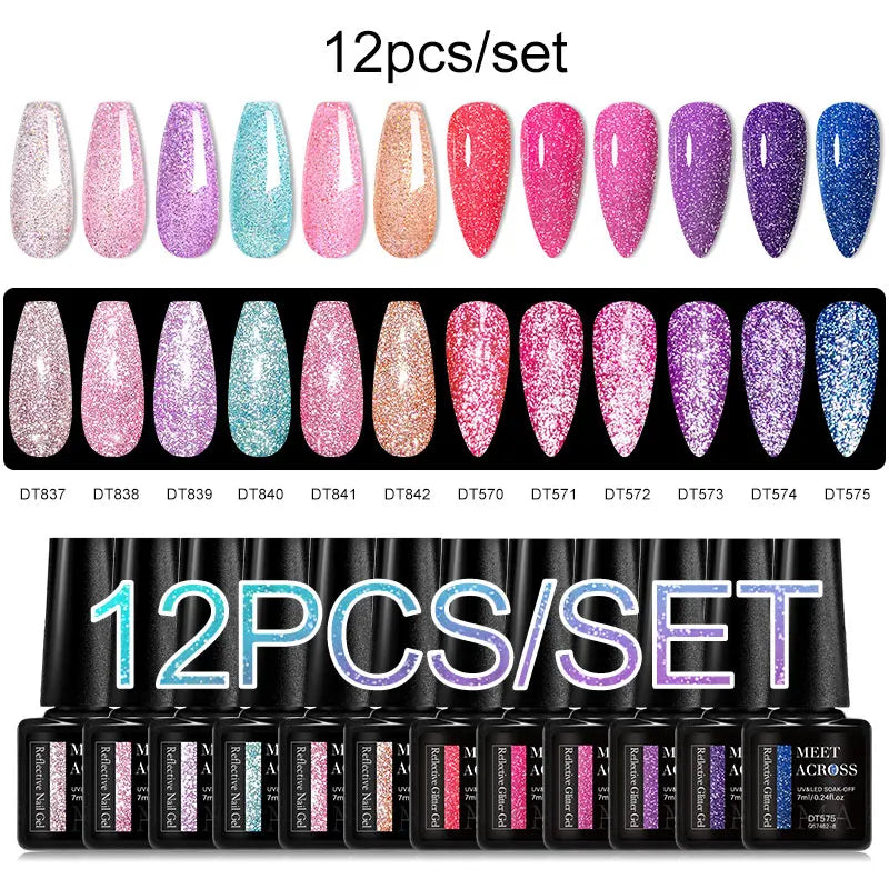 MEET ACROSS 12PCS/Set Pink Glitter Gel Nail Polish Macaron Blue Semi Permanent Nail Art Gel Varnish Spring Summer Manicure Kits