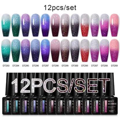 MEET ACROSS 12PCS/Set Pink Glitter Gel Nail Polish Macaron Blue Semi Permanent Nail Art Gel Varnish Spring Summer Manicure Kits