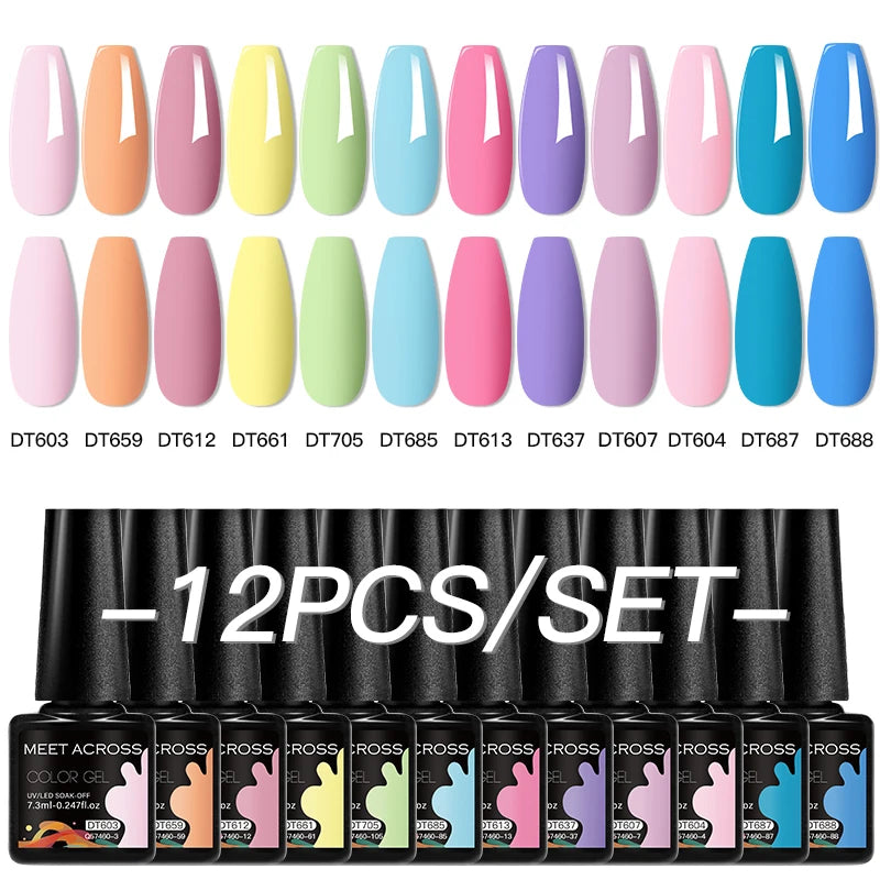 MEET ACROSS 12PCS/Set Pink Glitter Gel Nail Polish Macaron Blue Semi Permanent Nail Art Gel Varnish Spring Summer Manicure Kits