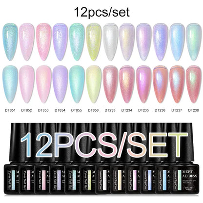MEET ACROSS 12PCS/Set Pink Glitter Gel Nail Polish Macaron Blue Semi Permanent Nail Art Gel Varnish Spring Summer Manicure Kits