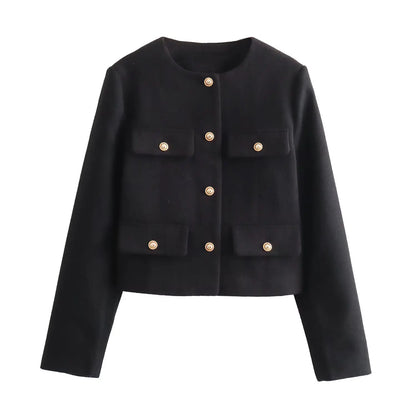 UNIZERA Winter New Product Women's Fashion and Casual Versatile Round Neck Flip Decoration Short Suit Coat