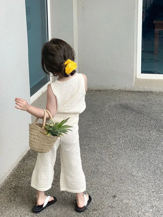 Girl's Clothing Sets 2024 Summer Korean Thin Knitted Girl Set Children Hollow Breathable Vest + Wide Leg Pants Two-piece Suit