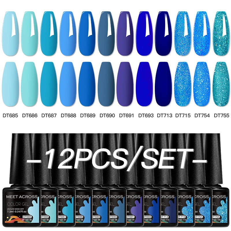 MEET ACROSS 12PCS/Set Pink Glitter Gel Nail Polish Macaron Blue Semi Permanent Nail Art Gel Varnish Spring Summer Manicure Kits