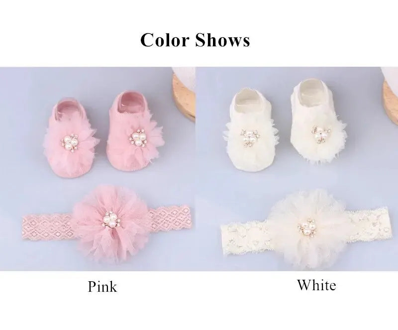 Cute Pearl Bows Baby Headband Socks Set Non Slip Cotton Sock Lace Flower Newborn Hair Band Turban Girl Hair Accessories