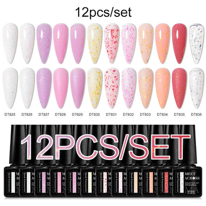 MEET ACROSS 12PCS/Set Pink Glitter Gel Nail Polish Macaron Blue Semi Permanent Nail Art Gel Varnish Spring Summer Manicure Kits