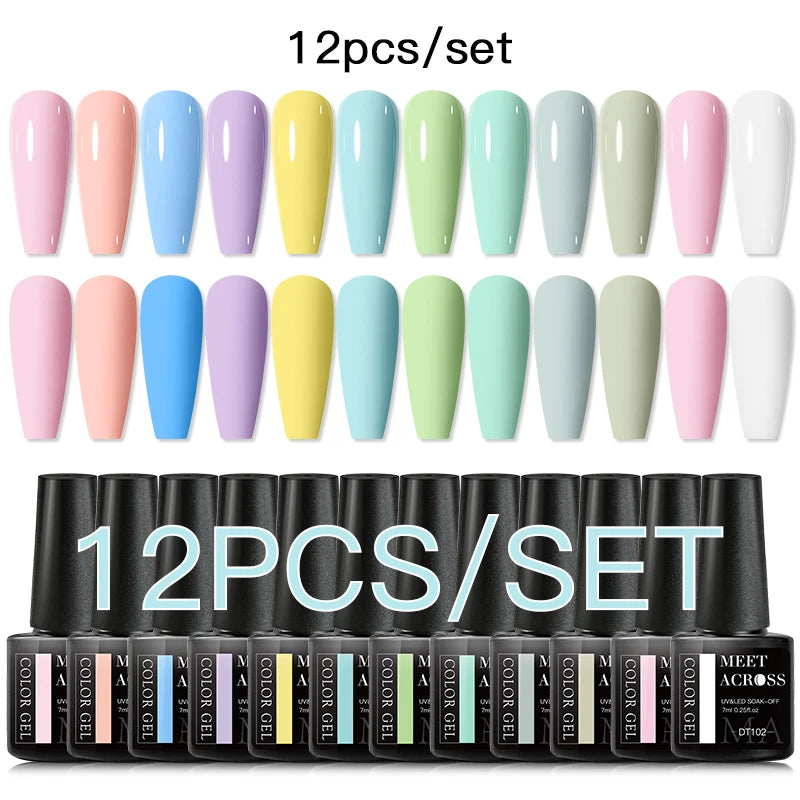 MEET ACROSS 12PCS/Set Pink Glitter Gel Nail Polish Macaron Blue Semi Permanent Nail Art Gel Varnish Spring Summer Manicure Kits