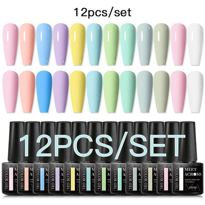 MEET ACROSS 12PCS/Set Pink Glitter Gel Nail Polish Macaron Blue Semi Permanent Nail Art Gel Varnish Spring Summer Manicure Kits