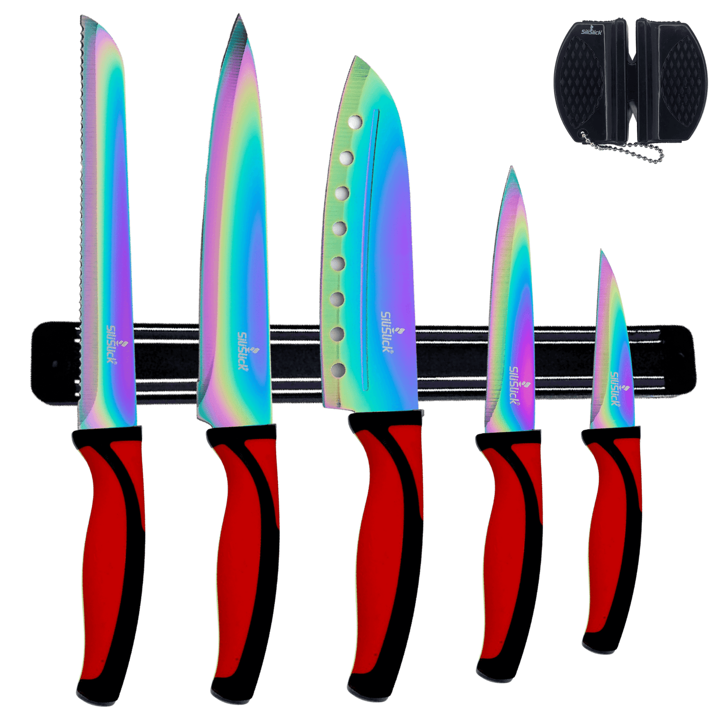 Kitchen Knife Set Kit | Red Handle & Black Magnetic Rack - Transpire