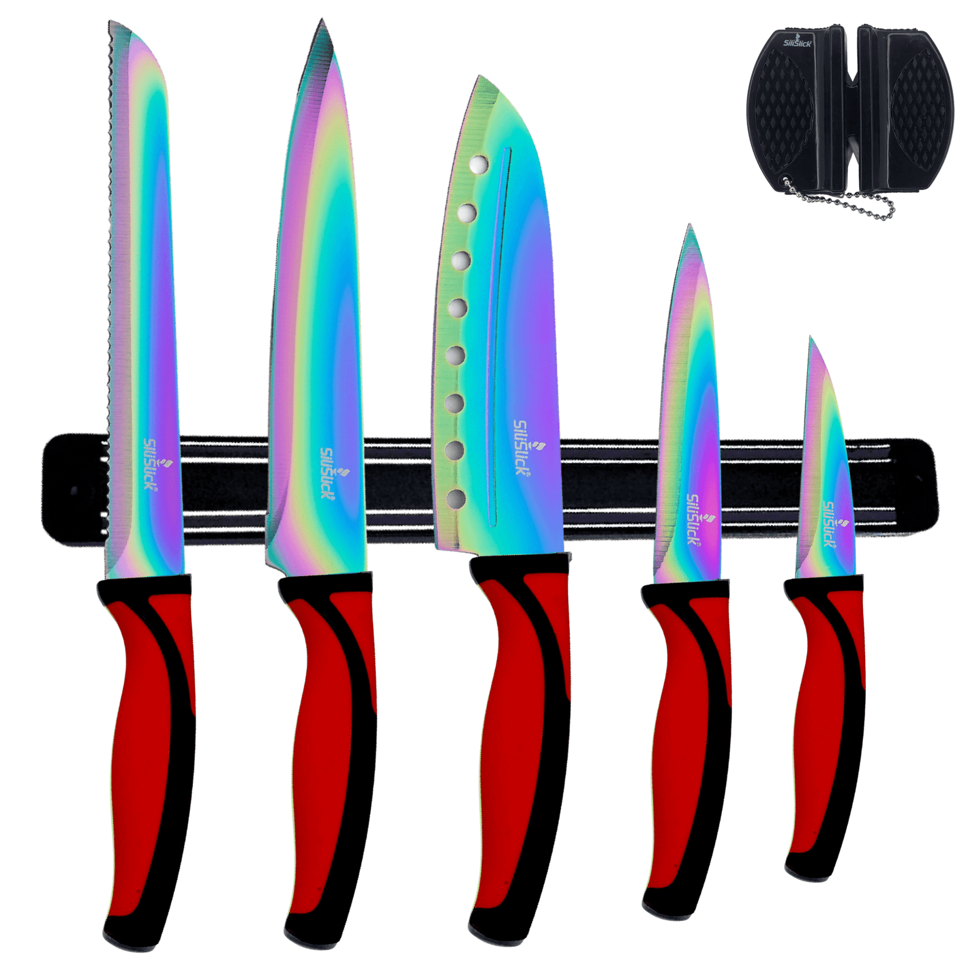 Kitchen Knife Set Kit | Red Handle & Black Magnetic Rack - Transpire