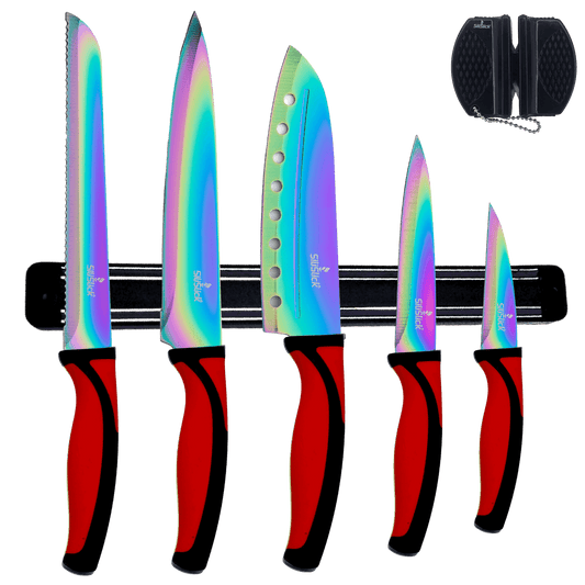 Kitchen Knife Set Kit | Red Handle & Black Magnetic Rack - Transpire