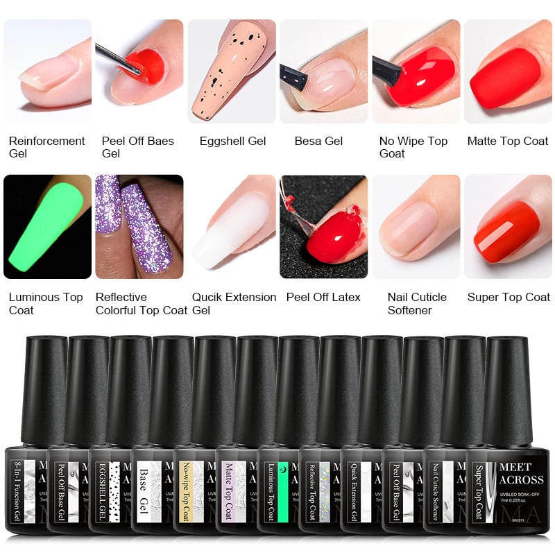 MEET ACROSS 12PCS/Set Pink Glitter Gel Nail Polish Macaron Blue Semi Permanent Nail Art Gel Varnish Spring Summer Manicure Kits