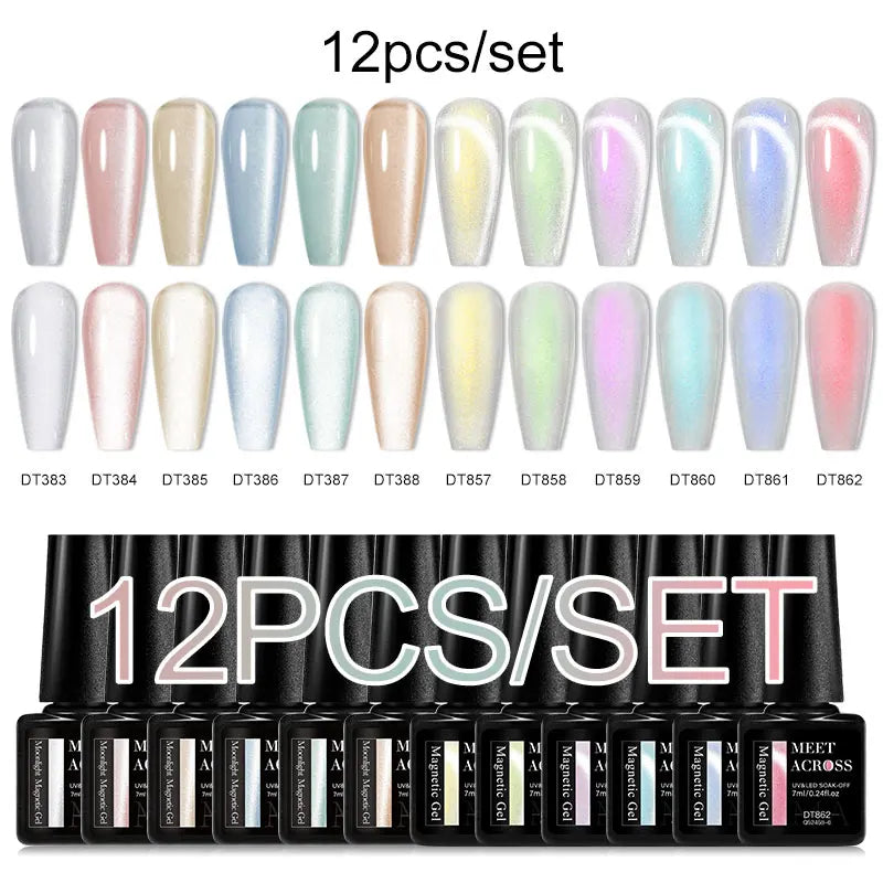 MEET ACROSS 12PCS/Set Pink Glitter Gel Nail Polish Macaron Blue Semi Permanent Nail Art Gel Varnish Spring Summer Manicure Kits