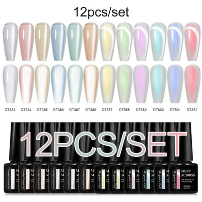 MEET ACROSS 12PCS/Set Pink Glitter Gel Nail Polish Macaron Blue Semi Permanent Nail Art Gel Varnish Spring Summer Manicure Kits