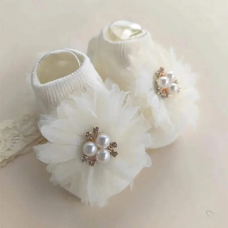Cute Pearl Bows Baby Headband Socks Set Non Slip Cotton Sock Lace Flower Newborn Hair Band Turban Girl Hair Accessories