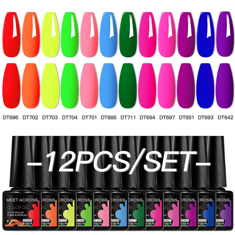 MEET ACROSS 12PCS/Set Pink Glitter Gel Nail Polish Macaron Blue Semi Permanent Nail Art Gel Varnish Spring Summer Manicure Kits