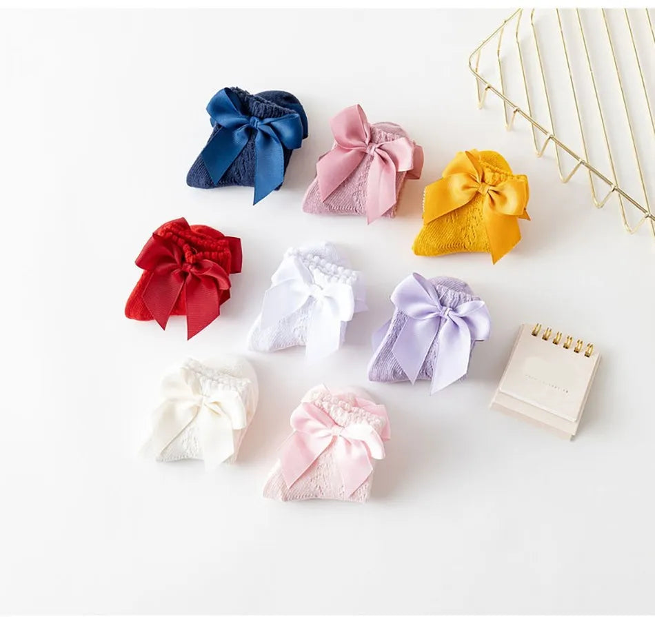 Children's Spring/Summer Thin Breathable Bow Children Girl Short Socks Hollow Out Toddlers Kids Cotton Princess Cute Socks