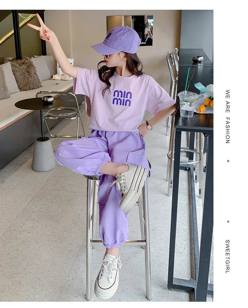 Summer Teen Girls Clothing Sets Children Fashion Korean Style Letter Tops + Pants 2Pcs Outfits Kids Tracksuit 5 6 8 10 12 14 Yrs