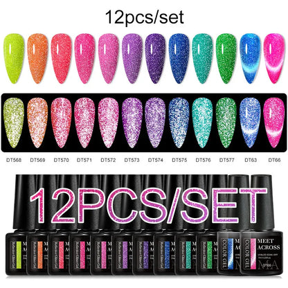 MEET ACROSS 12PCS/Set Pink Glitter Gel Nail Polish Macaron Blue Semi Permanent Nail Art Gel Varnish Spring Summer Manicure Kits