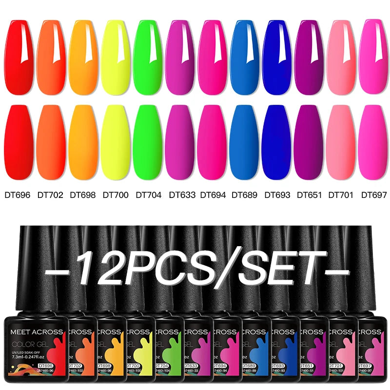 MEET ACROSS 12PCS/Set Pink Glitter Gel Nail Polish Macaron Blue Semi Permanent Nail Art Gel Varnish Spring Summer Manicure Kits