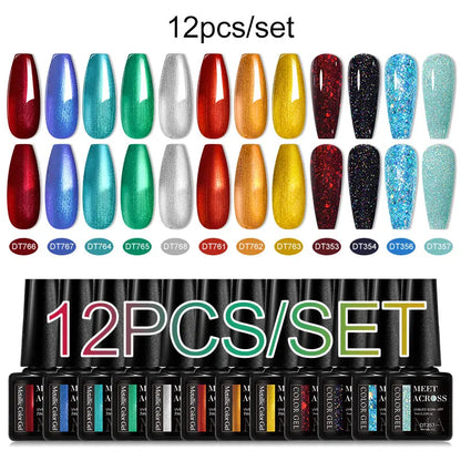 MEET ACROSS 12PCS/Set Pink Glitter Gel Nail Polish Macaron Blue Semi Permanent Nail Art Gel Varnish Spring Summer Manicure Kits