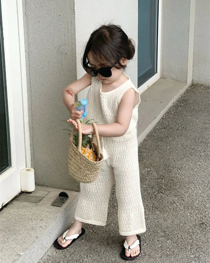 Girl's Clothing Sets 2024 Summer Korean Thin Knitted Girl Set Children Hollow Breathable Vest + Wide Leg Pants Two-piece Suit