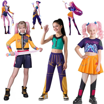 KPOP Demon Mira Huntrix Hunters Kids Clothes Girls Rumi Zoey Mira Cosplay Clothes Elegant Dress Anime Outfit Full Set Halloween