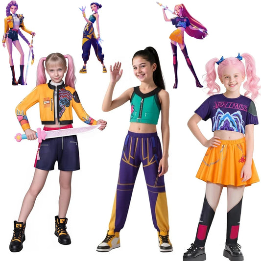 KPOP Demon Mira Huntrix Hunters Kids Clothes Girls Rumi Zoey Mira Cosplay Clothes Elegant Dress Anime Outfit Full Set Halloween