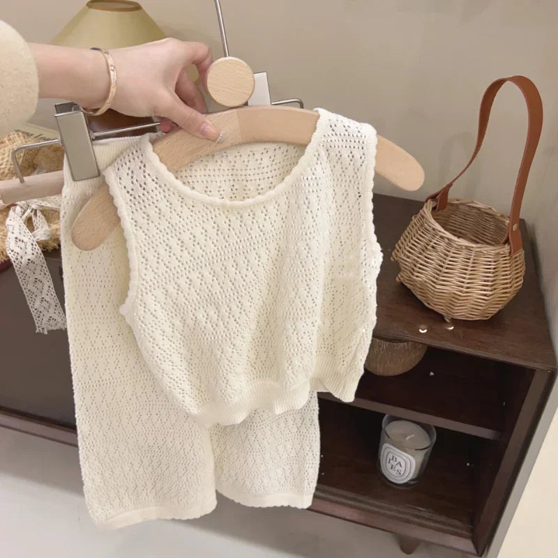 Girl's Clothing Sets 2024 Summer Korean Thin Knitted Girl Set Children Hollow Breathable Vest + Wide Leg Pants Two-piece Suit