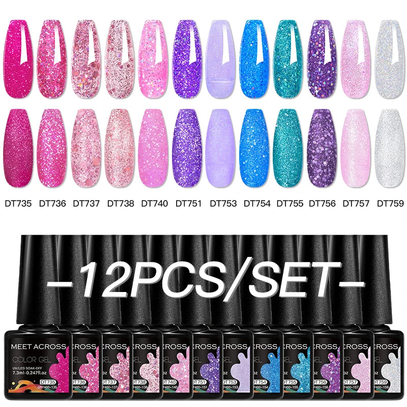 MEET ACROSS 12PCS/Set Pink Glitter Gel Nail Polish Macaron Blue Semi Permanent Nail Art Gel Varnish Spring Summer Manicure Kits